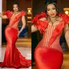 Feathered Portrait Aso Ebi Prom Dresses Luxurious Mermaid Red Evening Dresses for African Nigeria Balck Women Birthday Party Dress Graduaton Party Vestido ST771