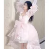 Arbetsklänningar fairycore rosa puffy kvinnor examen chiffion söt chic elegant prinsessa stil dragtail kväll klänningar