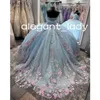 فساتين السماء الزرقاء quinceanera فساتين الوردي 3D الزهور الزهور الأزهار قبالة الكتف الدانتيب مشد