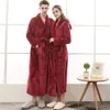 Men Winter Plus Size Long Flannel Bathrobe Warm Coral Fleece Bath Robe Women Cozy Dressing Gown Jacquard Lovers Sleepwear 240108