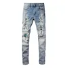 Pantalons de créateurs pour hommes Jeans violets Amris Jeans 6566 Blue Diamond Jeans diamant laminés à chaud avec patchs High Street et coupe slim élastique