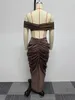 Рабочие платья, сексуальный женский комплект из двух предметов для ночного клуба, эластичная плиссированная юбка длиной до пола с V-образной талией, укороченный топ с короткими рукавами, модный женский костюм