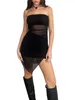 Sıradan Elbiseler Kadınlar Çiçek Straplez Mini Elbise Seksi Kapalı Omuz Dürüklü Tüp Kolsuz Fırfır Hem Bodycon (F-Black L)