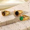 Cluster Rings Elegant Stainless Steel For Women Oval Tiger Eye Black Green Stone Obsidian Engagement