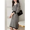 Casual jurken vrouwen Houndstooth gebreide trui jurk herfst elegante vestidos streetwear winter geruite lange mouw knop partij gebreid