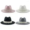 Boinas Elegante sombrero Fedora Top con banda de perlas Gorra de ala ancha para mujeres Mujer