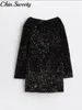 Casual Dresses Sequined Bow Tie Women Dress Sexy Blackless Long Sleeve Above Knee Female 2024 Autumn Winter Fashion Party Lady Robe