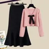 Large Womens Autumn and Winter Set Korean Sweetheart Style Slim Knitted Sweater Fish Tail Skirt Two Piece 240108