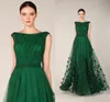 Sıcak Slae Emerald Yeşil Balo Elbiseleri Akşam Elbiseleri Beare Boyun Endes Kapağı Kollu Tül Aplikes Flora Partisi Elbise Resmi Parti Giyim