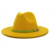 Berretti Moda Verde lime Fibbia per cintura Decor Feltro di lana artificiale Jazz Cappelli Fedora Donna Uomo Piatto a tesa larga Panama Cappello da cowboy L XL