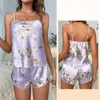 Conjunto de pijamas de cetim feminino, lingerie sexy para mulheres, roupa de dormir sem mangas, shorts, pijama de 2 peças