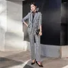 Women's Two Piece Pants Women Jacket Suit Set 2 Pieces Bussiness Office Ladies Formal Wear Grey Checked Plaid Autumn Winter Blazer