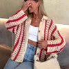 Suéteres femininos inverno crochê oversized cardigan listrado outono bonito retro camisola de malha longo lindo vermelho