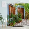 Duschgardiner Grekland Street View Curtain Country Retro Town Spring Green Plants Flowers Vines landskap badrumsdekor med krokskärm