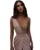 Robes décontractées rose longue sirène col transparent perles brillantes plis fente robe de bal Dubai femmes robe d'occasion spéciale