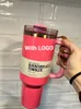 Pink Parada Quencher H2.0 40oz Edelstahlbecher mit Henkeldeckel und Strohhalm, Autobecher mit großem Fassungsvermögen, isolierte Rosenquarz-Wasserflaschen