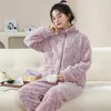 Women's Sleepwear 2024 Winter Women Warm Pajamas Set Thick Coral Fleece Pullover And Pants Female Zip-up 2 Piece Nightwear