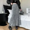 Jupes taille haute jupe longue à paillettes pour femmes printemps automne élégant chic style français décontracté coupe cintrée Bling Maxi queue de poisson 1311