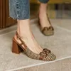 Dress Shoes Women's Metal Decoration High Heels Summer Square Toe Pumps For Women Vintage Plaid Buckle Lady Sandals Mid Heel Female