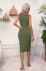 Casual Dresses 2024 Summer Women Dress Solid Color Hem Slit Drawstring Sleeveless Tank O-neck Wrap Hip Pit Stripe Part Short