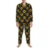 Homens sleepwear pijamas mens corrente de ouro girassol quarto elegante amarelo girassóis 2 peça vintage pijama conjuntos de manga longa macio casa terno