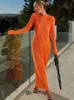 LAXSESU ELEGANT BODYCON DRESS FÖR KVINNOR SOLID O NECK FLARE SLES LÅNG Summerklänningar Holiday Vestidos Black Red Orange 240108
