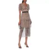 Casual Dresses Early Autumn Women Smoke Grey Leaf Sequins Heavy Industry Party Embroidery Beaded Waist V-Neck Dress Lady Female SP Evening