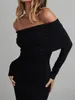 Frühling Herbst Frauen Solid Black Kleid Elegante Casual Mode Bodycon Schlank Off Schulter Maxi Lange 240108