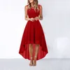 Casual klänningar Elegant Chiffon Oregelbunden aftonklänning Kvinnor Solid Lace Patchwork ärmlös Lång brudtärna Bow Belt Red Party