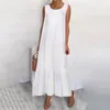 Abiti casual Abito bianco estivo Solido Gilet di lino in cotone vintage Senza maniche da spiaggia Tuniche lunghe larghe da donna di grandi dimensioni