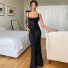 Casual Dresses Hollow Out See Through Lace Maxi Split Dress Women Sexig Club Party Outfits ärmlös Backless Autumn Y2K Streetwear Sundress