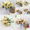 Dried Flowers European Style 10 Head Tea Roses Simated Bouquet Wedding Silk Fabric Home Decoration With Artificial Rose Camellia Bud Dh1Gy