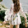 Mulheres Swimwear Mulheres Floral Impresso Cintura Alta Elegante Moda Um Peça Vestido Maiô V Pescoço Manga Longa Praia Férias Banheiras