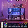 Unikito Armoire de bar à café en métal à 4 niveaux avec prise et lumière LED, table de sol autoportante pour support de verre à liqueur, casier à vin, boulanger, cuisine, salle à manger