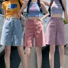 Jeans Zeonva Purple Pink Korea Fashion Chic Straight Women Shorts Summer High midjefickor Kvinnlig bredben