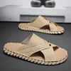 Slippers Italiaanse Handgestikt Kruis Leer Voor Mannen 2024 El Strand Zomer Schoenen Hoge Kwaliteit Licht Flats Mannelijke Slippers