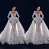 Meerjungfrau Hochzeit Kristallkleider Diamantbrautkleider abnehmbar Illusion Langarm Perlen V Hals Sweep Zugrobe
