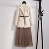 PLUS STORLEK WOMENS SUIT BLAZER DRESS LÅNG JAPLE MESH KLÄNNER Två stycken Set With Belt Elegant Women Winter Coat 240108