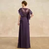 Виноградный виноград 2024 Purple Mother of Bride Dress Dewel Appliques Короткие рукава шифоновые платья A-Line Party YD