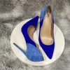 Модельные туфли контрастного синего цвета, женские синтетические замшевые туфли на высоком каблуке с острым носком, вечерние сексуальные туфли-лодочки на шпильке с V-образным вырезом сбоку