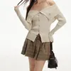 여자 니트 딥 타운 Y2K 빈티지 오프 어깨 니트 스웨터 여성 슬림 긴 슬리브 홀터 카디건 가을하라 주쿠 미학적 한국 패션