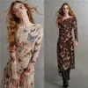 Sukienki swobodne sukienki damska krwawica Kołnierz Długie rękawy Butterfly drukarski jesień Nieregularny patchwork Draping Asymetrycznie