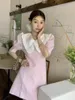 Robes de soirée Korobov poupée française revers robe rose parfum manches bouffantes jupe a-ligne douce femmes mode coréenne robes para mujer
