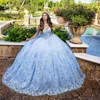 Luxus Himmelblau Quinceanera Kleider Applikation Spitze Perlen mit Cape Ballkleid Süßes 16-jähriges Prinzessinnenkleid für 15 Jahre