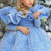 Girl Dresses Children Dress Spring Autumn Fashionable Performance Blue Short Birthday Princess Beautiful Sweet Gorgeous