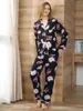 Conjunto de pijama feminino de algodão, camisa de manga comprida, comprimento total, estampa floral, 2 peças, toppants, roupa de dormir