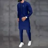 Erkek Set Etnik Stil Düz Renkli Cepler Uzun Lonsleeved Üst Pantolon Giysileri 2 Parça Kıyafet Takım Sıradan Dashiki Tees Pant 240108