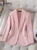 Yitimuceng розовые пиджаки для женщин модные офисные женские однотонные куртки с длинными рукавами и лацканами шикарные винтажные тонкие пальто 240108