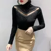 Women's T Shirts 2024 Spring Autumn Turtleneck Long Sleeved S Fashion Casual Diamond Hollow Out Black Mesh Tops