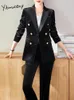 Yitimuceng Women Suits Office Sets autumn autumn Lengeve Glossy Slim Double Breched Elegant Blazer Coatstraight Pant Outfits 240108